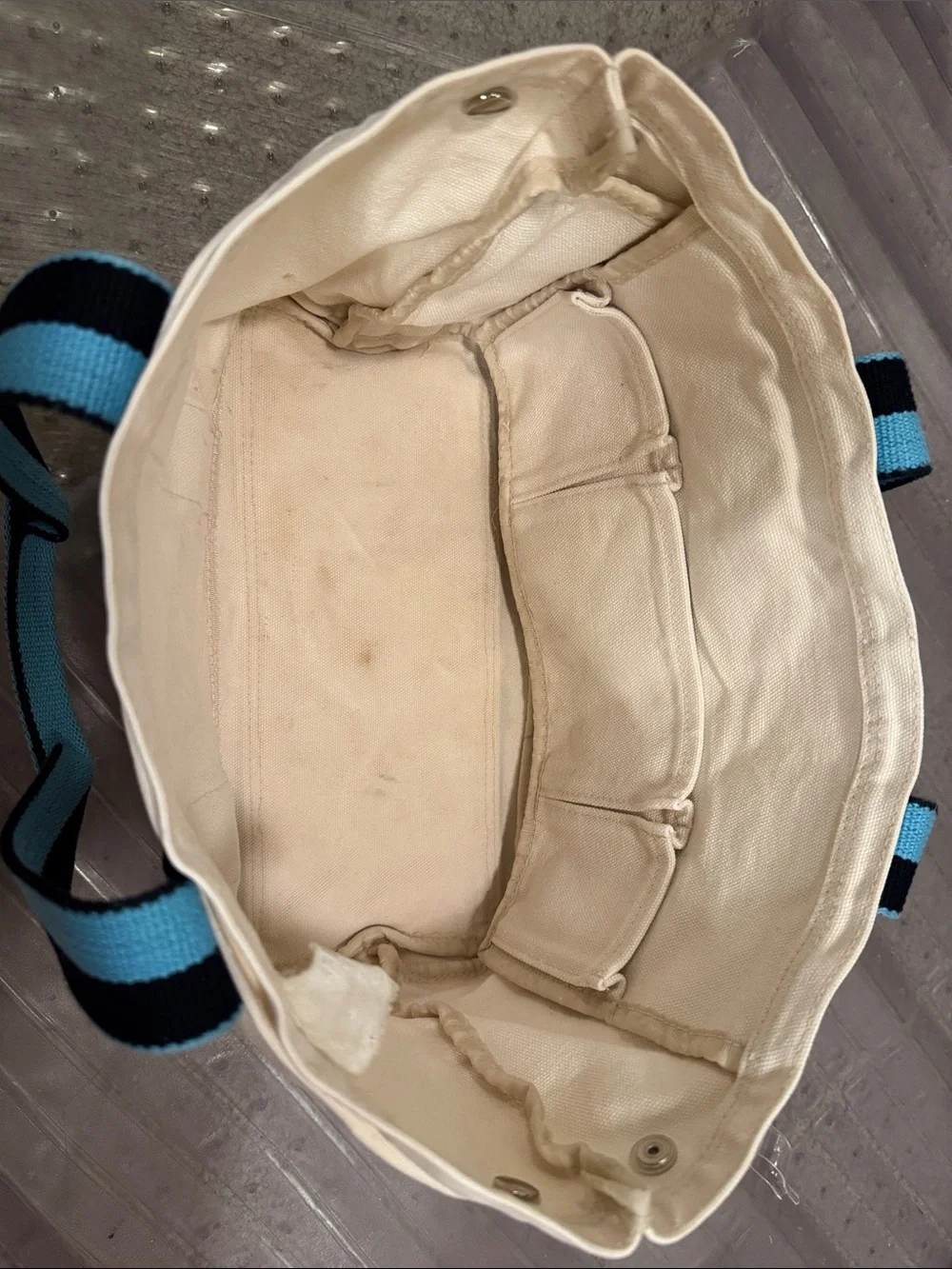 Cream Canvas Tote with Blue & Black Straps
